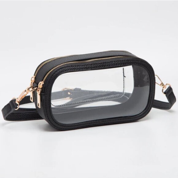 NWT Black Clear Stadium Bag Oval Double-Zipper Game Day Purse Transparent PVC - Picture 1 of 2